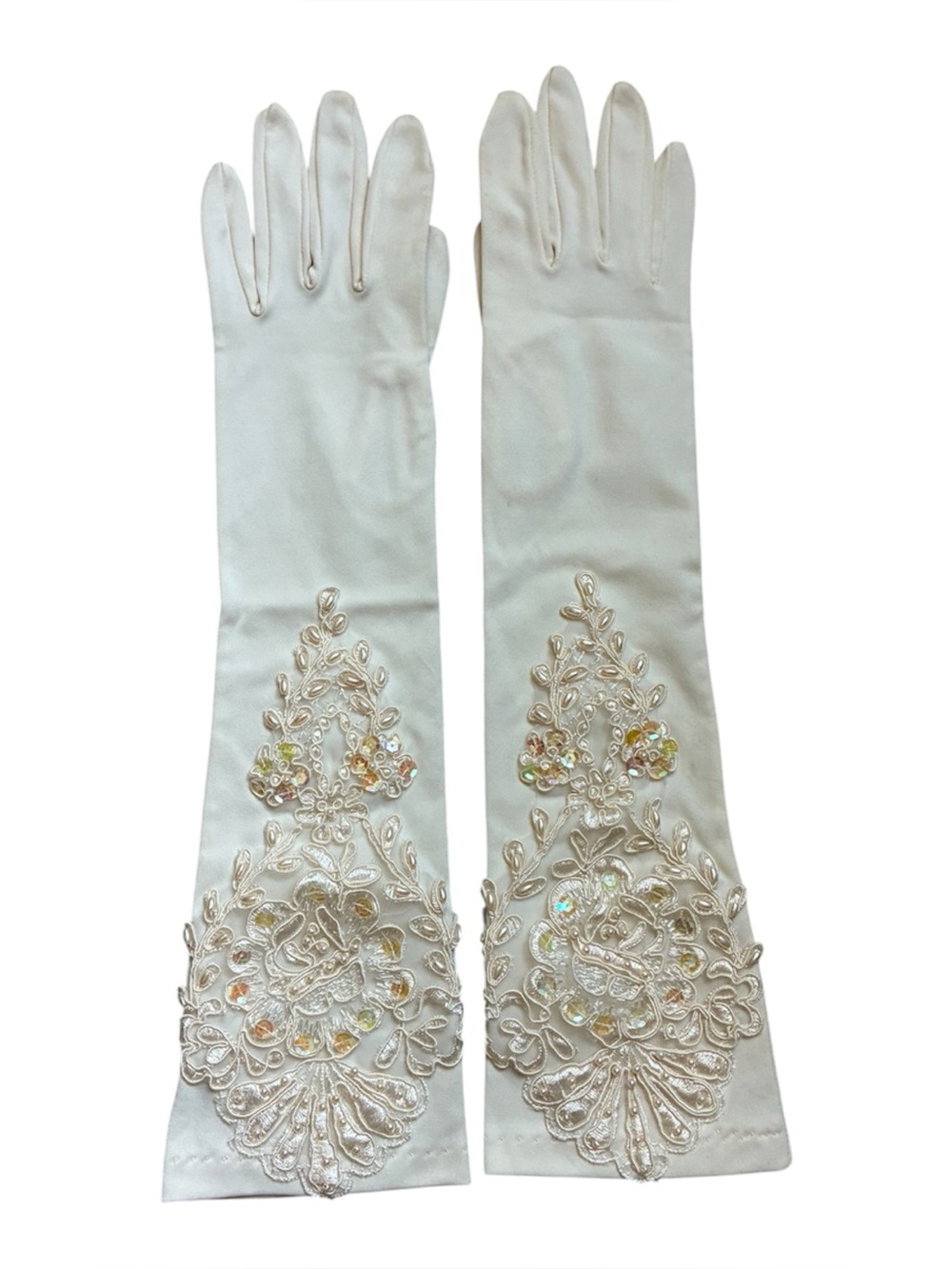 Carolina Amato Embellished Sequin Embroidered Ivory White Bridal Opera Gloves
